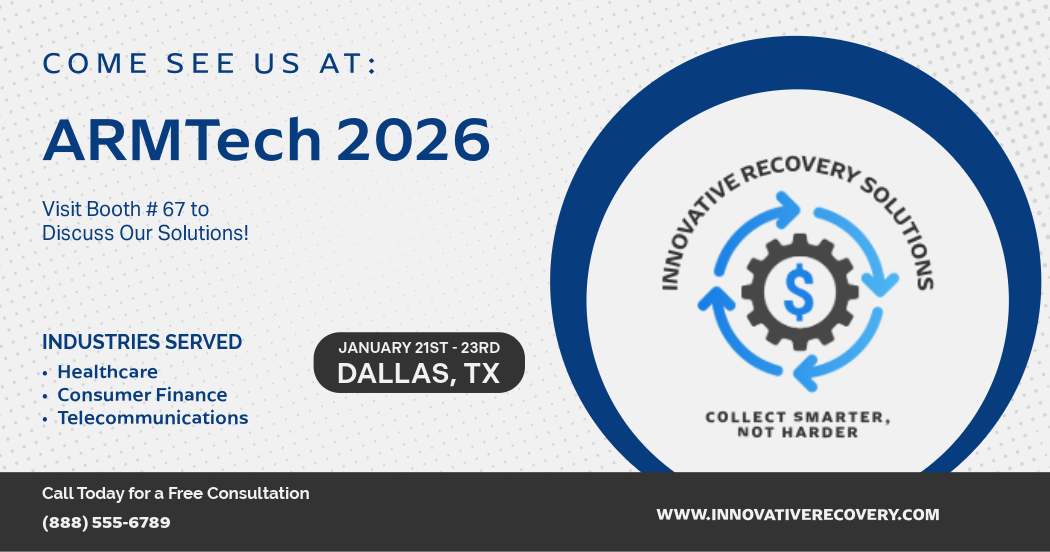 Event flyer for ARMTech 2026 in Dallas, TX, January 21-23, showcasing industries served, contact information, and a logo for innovative recovery solutions. It has circular graphics and supplies details about the event and the vendor booth location. 