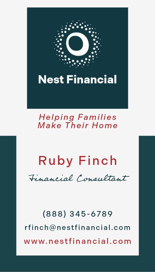 A sample business card design for Ruby Finch, a financial consultant at Nest Financial, with logo and contact details.