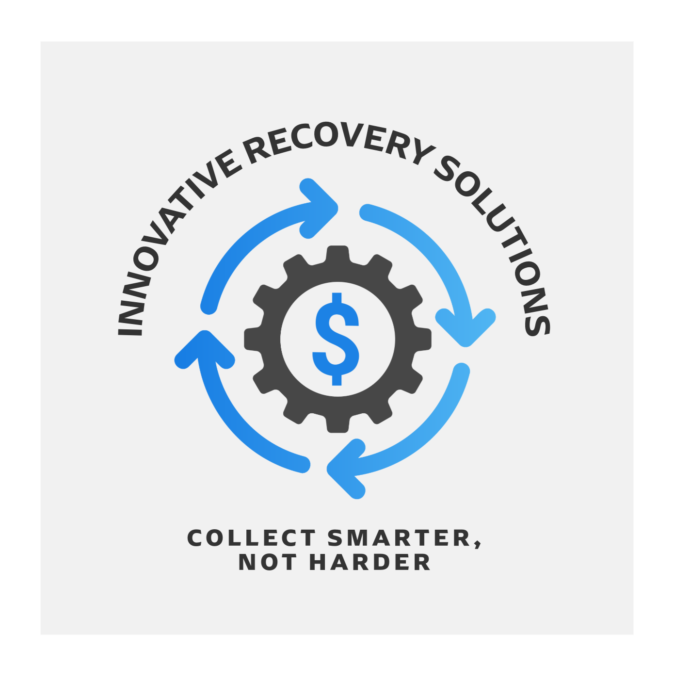 A collection agency logo graphic with a gear and dollar sign at the center, surrounded by circular arrows. Text reads 'Innovative Recovery Solutions' at the top and 'Collect Smarter, Not Harder' at the bottom.