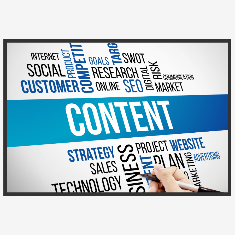 A hand writing on a white surface with black marker, surrounded by various words related to digital marketing and content creation, such as content, strategy, website, SEO, technology, and research.