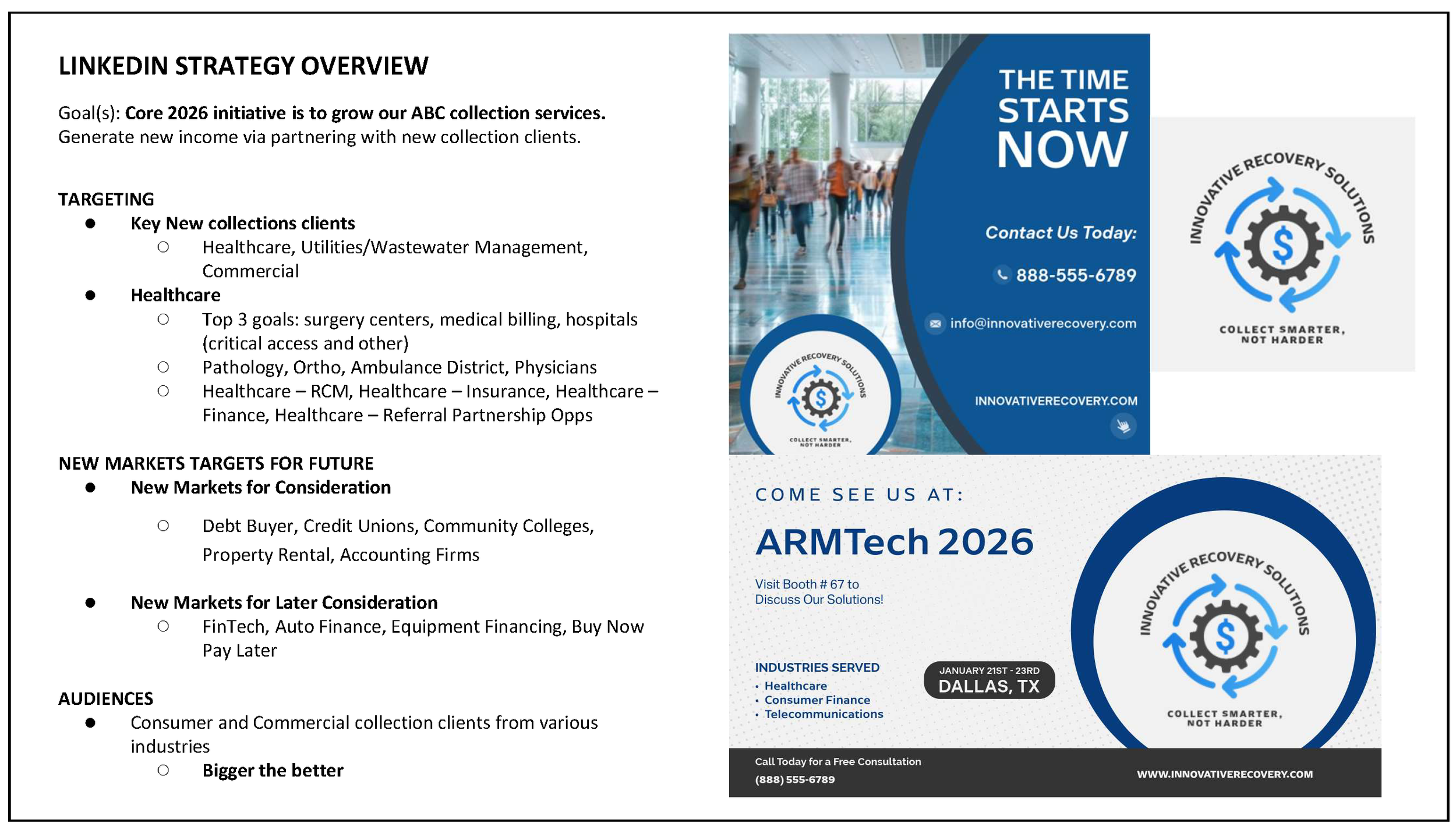 A social digital media content repository document sample, including pictures of past LinkedIn post graphics created for the client including the company's logo and tagline: "Collect Smarter, Not Harder". The digital media content post repository hig