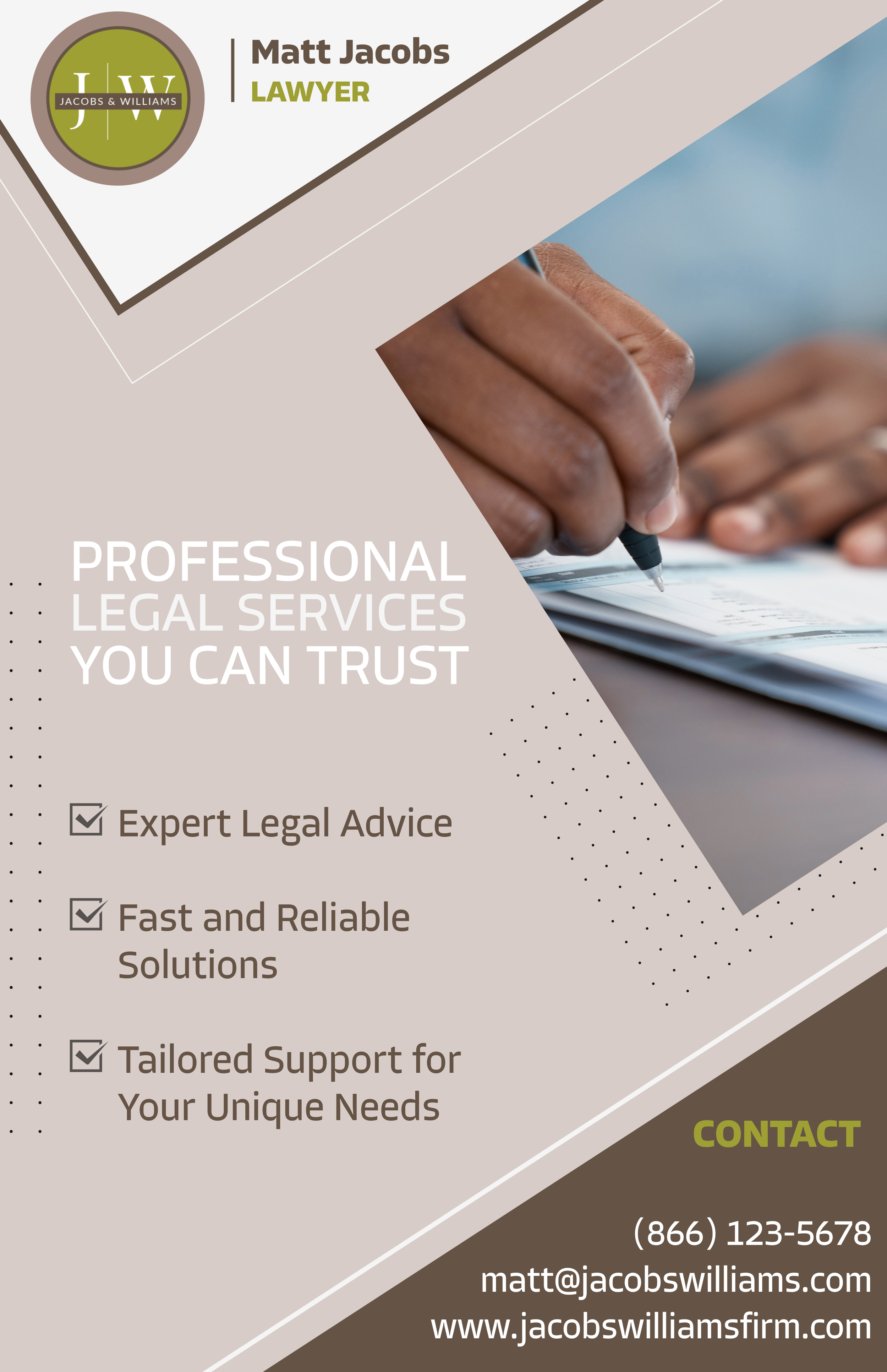 Business flyer advertising legal services by Matt Jacobs, a lawyer at Jacobs & Williams. Features a photo of a person signing a document, contact information, and service highlights such as expert legal advice, reliable solutions, and tailored support.