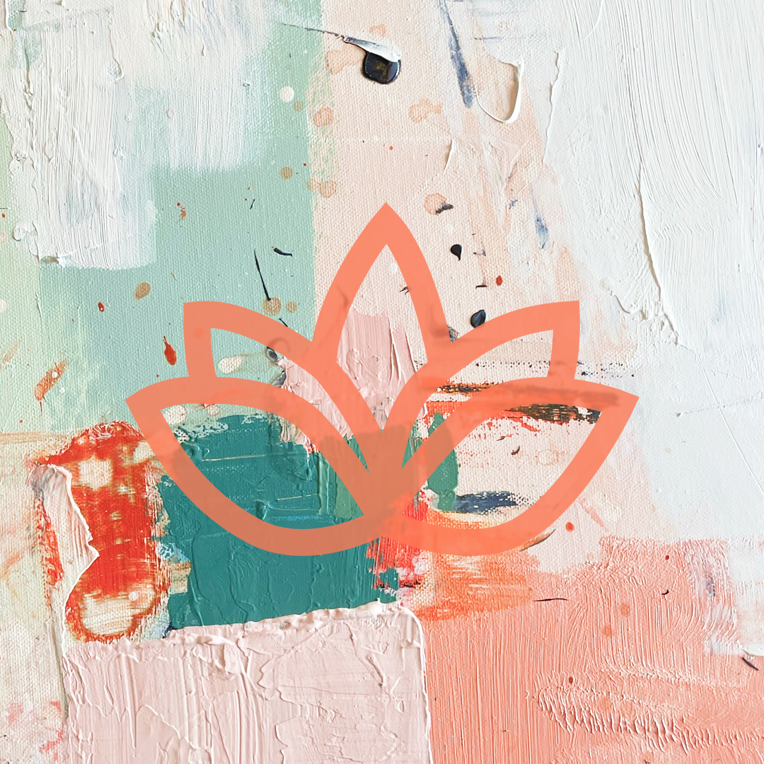 Abstract painting with pastel colors and a transparent lotus flower outline overlay.