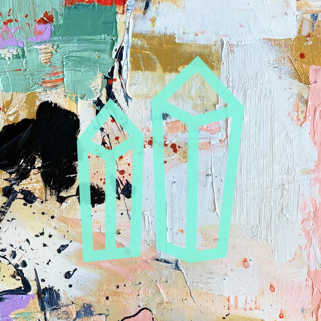 Abstract colorful painted background with black, pink, green, and beige paint splatters and textures, featuring a digital outline of two crystal-like geometric shapes in aqua color overlayed.