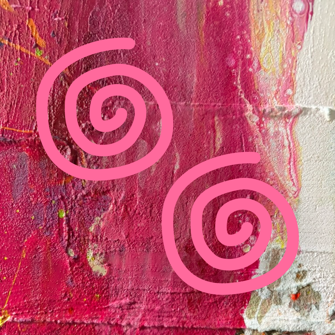 Close-up of an abstract pink and white textured painting with two pink spiral overlays.