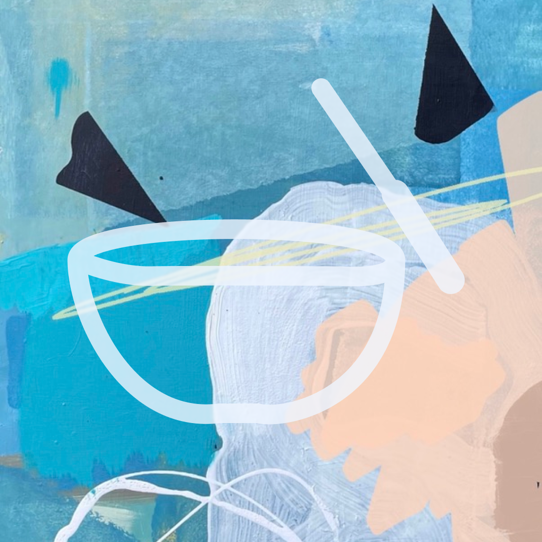 Abstract painting with blue, peach, and cream colors, featuring black triangle shapes and white and yellow lines, overlaid with a semi-transparent drawing of a crystal sound bowl.