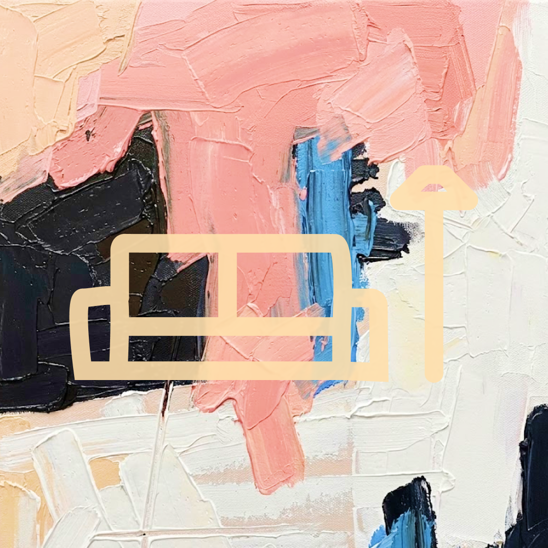 Abstract painting with pink, blue, black, and white textured brushstrokes, overlaid with a semi-transparent icon of a sofa and lamp.