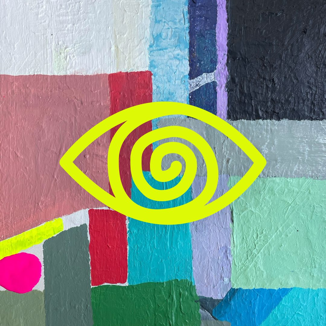 Abstract colorful painted wall with a neon yellow eye and spiral graphic overlay.