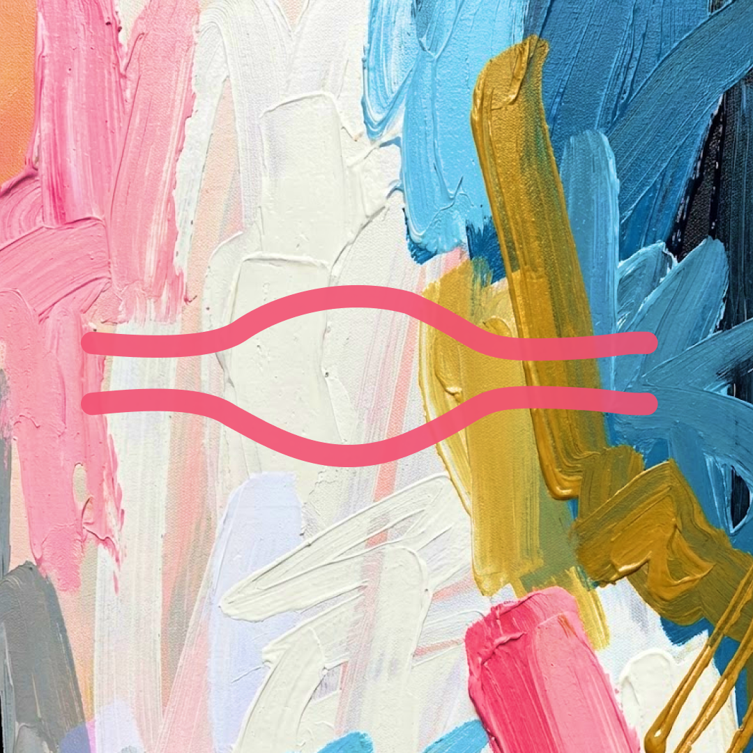 Close-up of colorful abstract paintings with pink, white, blue, yellow, black, and gray brushstrokes, featuring two pink wavy lines drawn across it.
