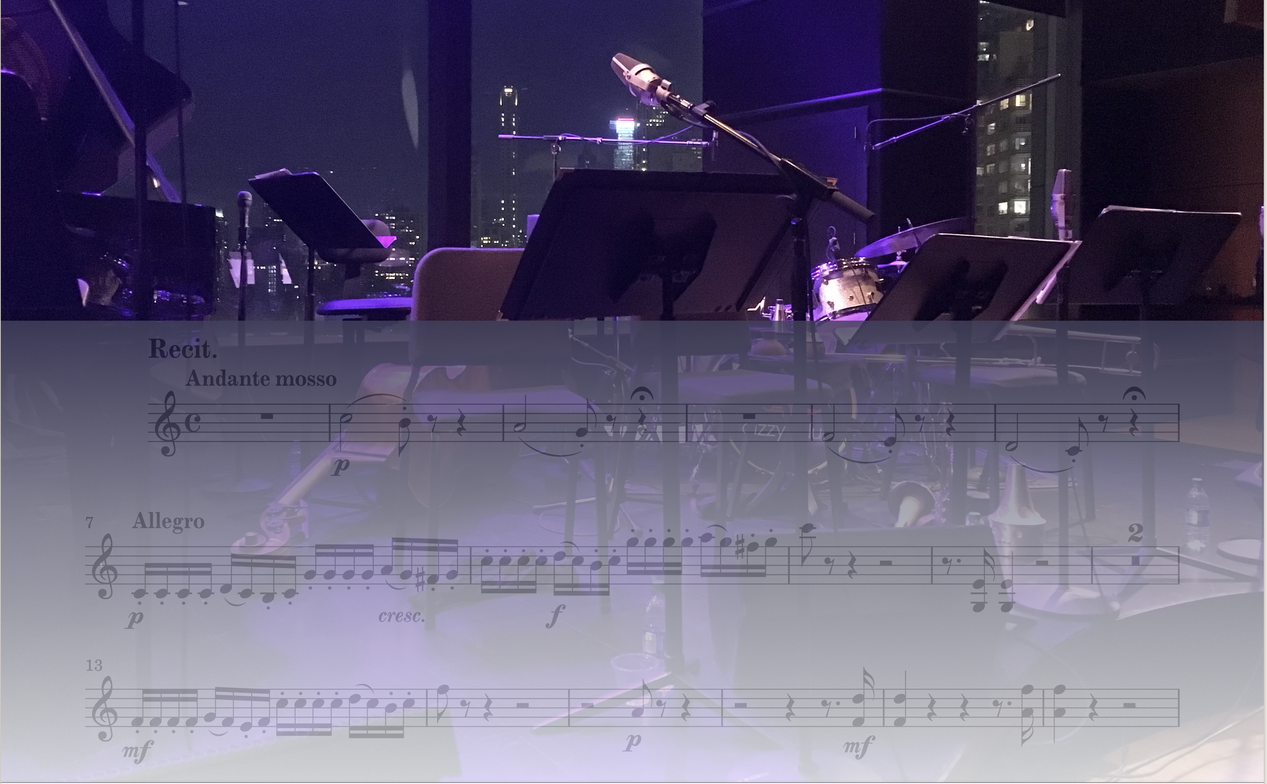 Empty music stage with sheet music, microphones, chairs, and instruments against a city skyline at night, illuminated with purple lighting.