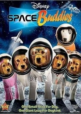 Disney's Space Buddies logo with five dogs in astronaut suits on the moon, looking into space with rockets and stars in the background.