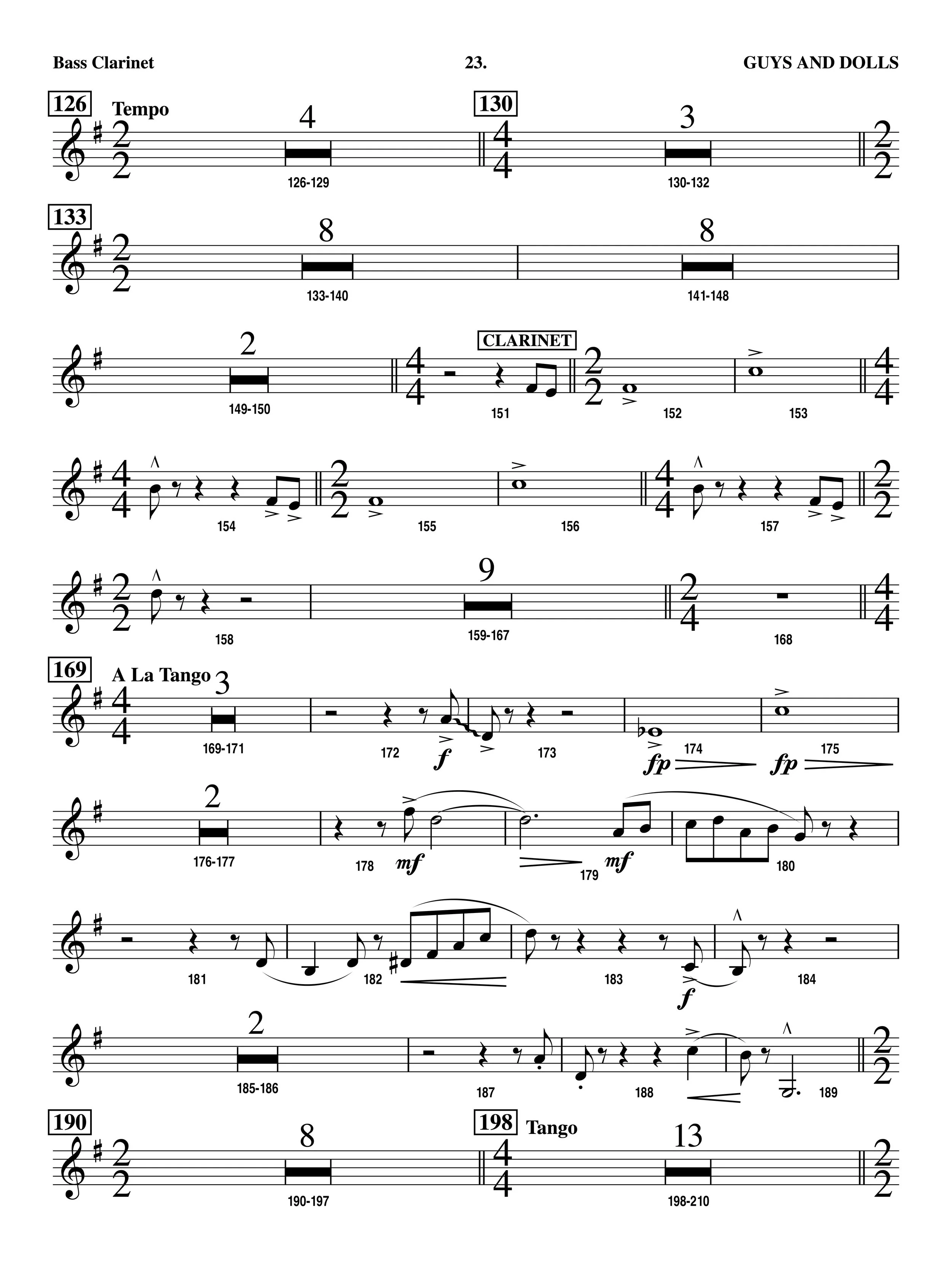 A sheet of music with numbered measures, musical notes, symbols, and tempo markings. Titles include "GUYS AND DOLLS" and "A La Tango."
