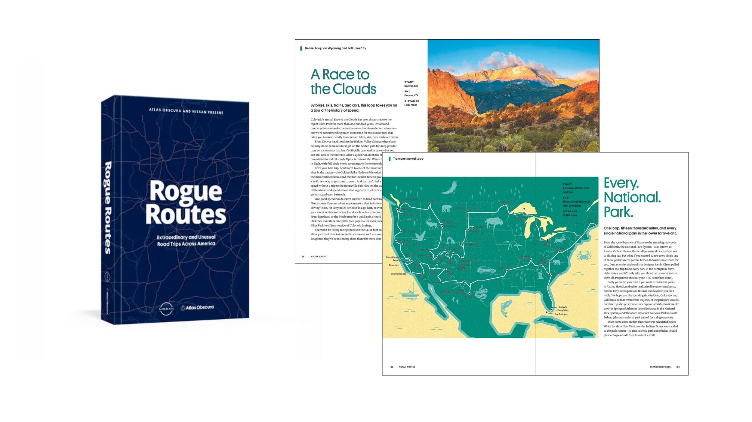 Cover of a book titled 'Rogue Routes' with a dark blue map outline and title in white. Inside pages show a colorful mountain landscape, a map of the United States highlighting parks, and text about travel routes.
