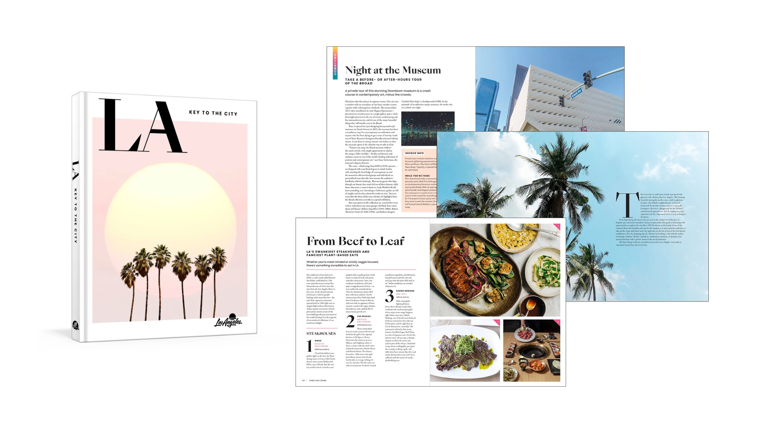A collection of travel and lifestyle magazine pages featuring Los Angeles, Pacific Ocean, palm trees, city architecture, and food dishes.