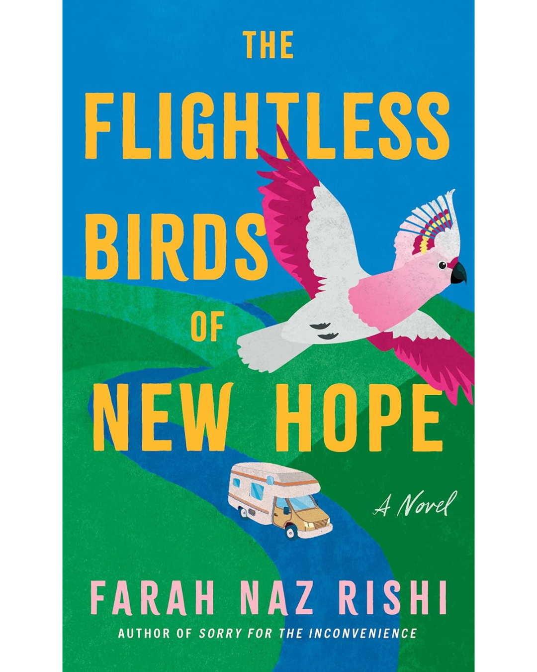 Book cover titled "The Flightless Birds of New Hope" shows a colorful illustration of a pink bird flying over a green landscape with a blue river. A camper van is on the road, with a blue sky above.