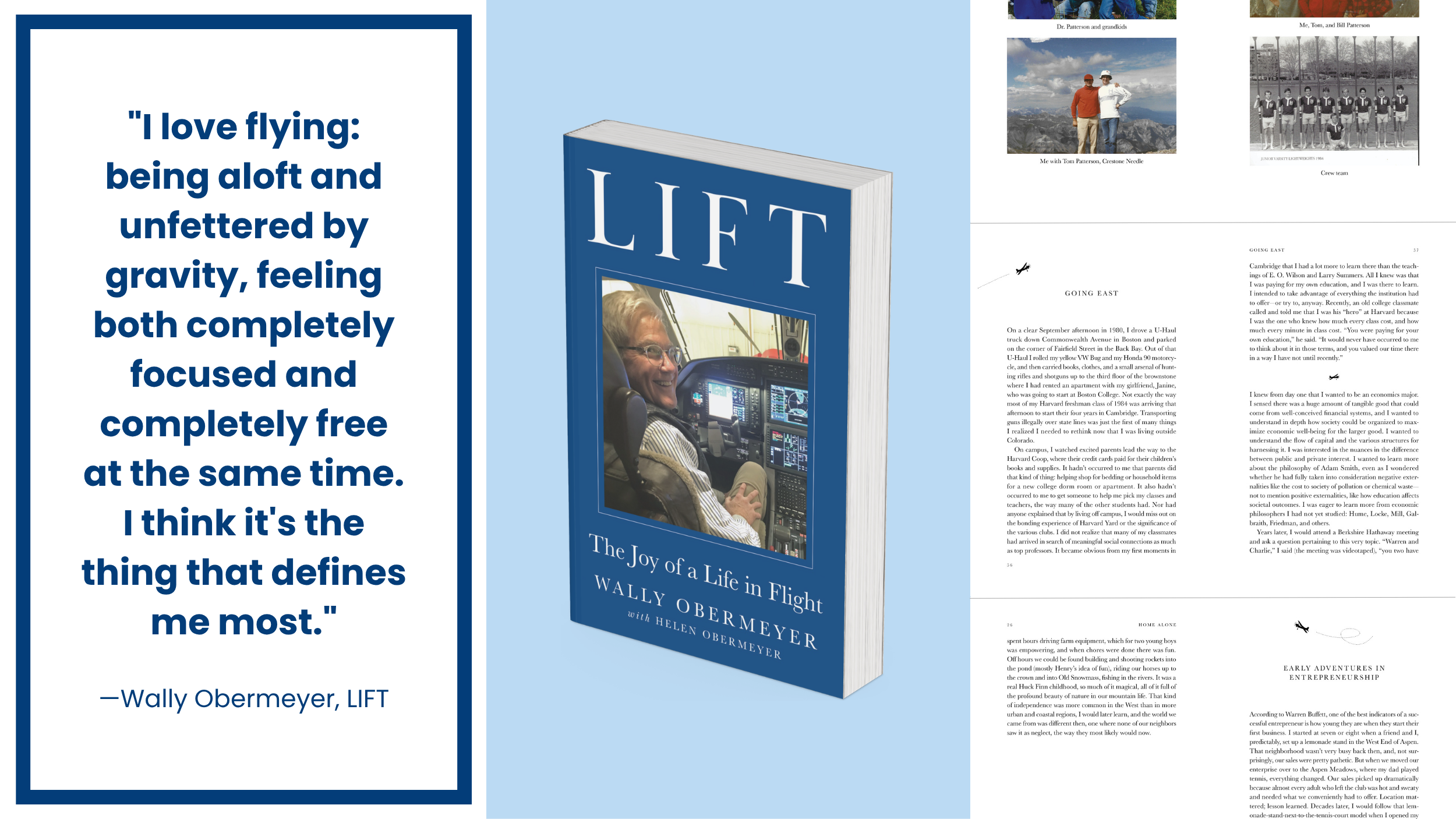 A flyer promoting a book titled "LIFT" by Wally Obermeyer, featuring a photo of a man in the cockpit of a plane. The flyer includes a quote from Wally Obermeyer about love for flying, a brief description of the book, and a background of a partially visible web page or magazine spread with photos and text.