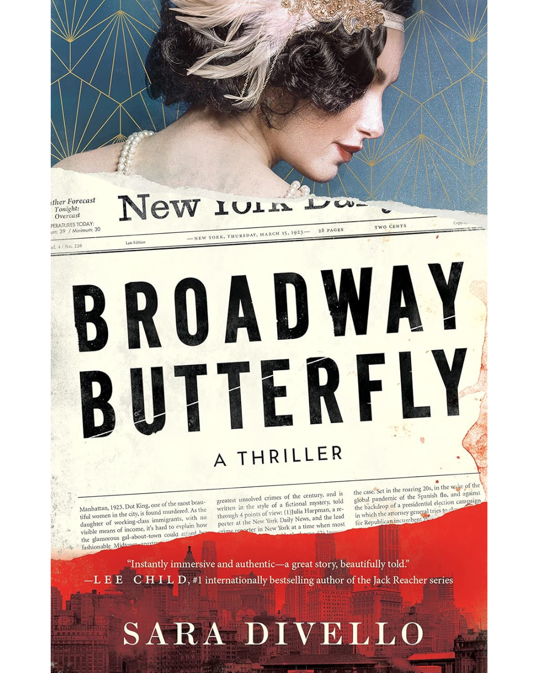 Book cover of 'Broadway Butterfly' by Sara Divello, featuring a woman with dark curly hair, a feathered headband, pearl necklace, and vintage style, against a patterned blue and gold background, with a torn newspaper overlay and red city skyline at the bottom.