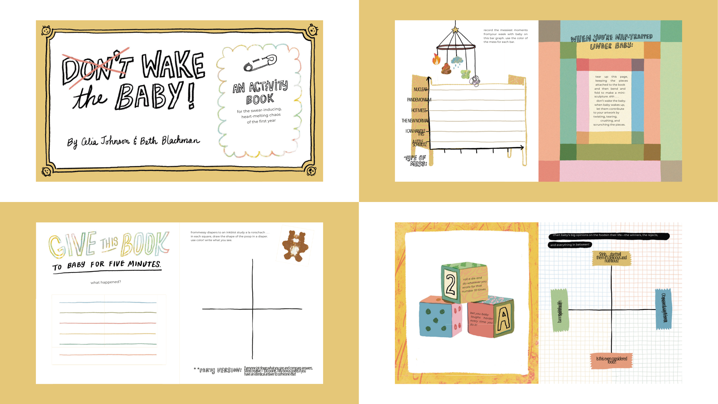 A collage of pages from a children's activity book about babies. The pages include playful text and illustrations, with sections for drawing, writing, and engaging in activities.
