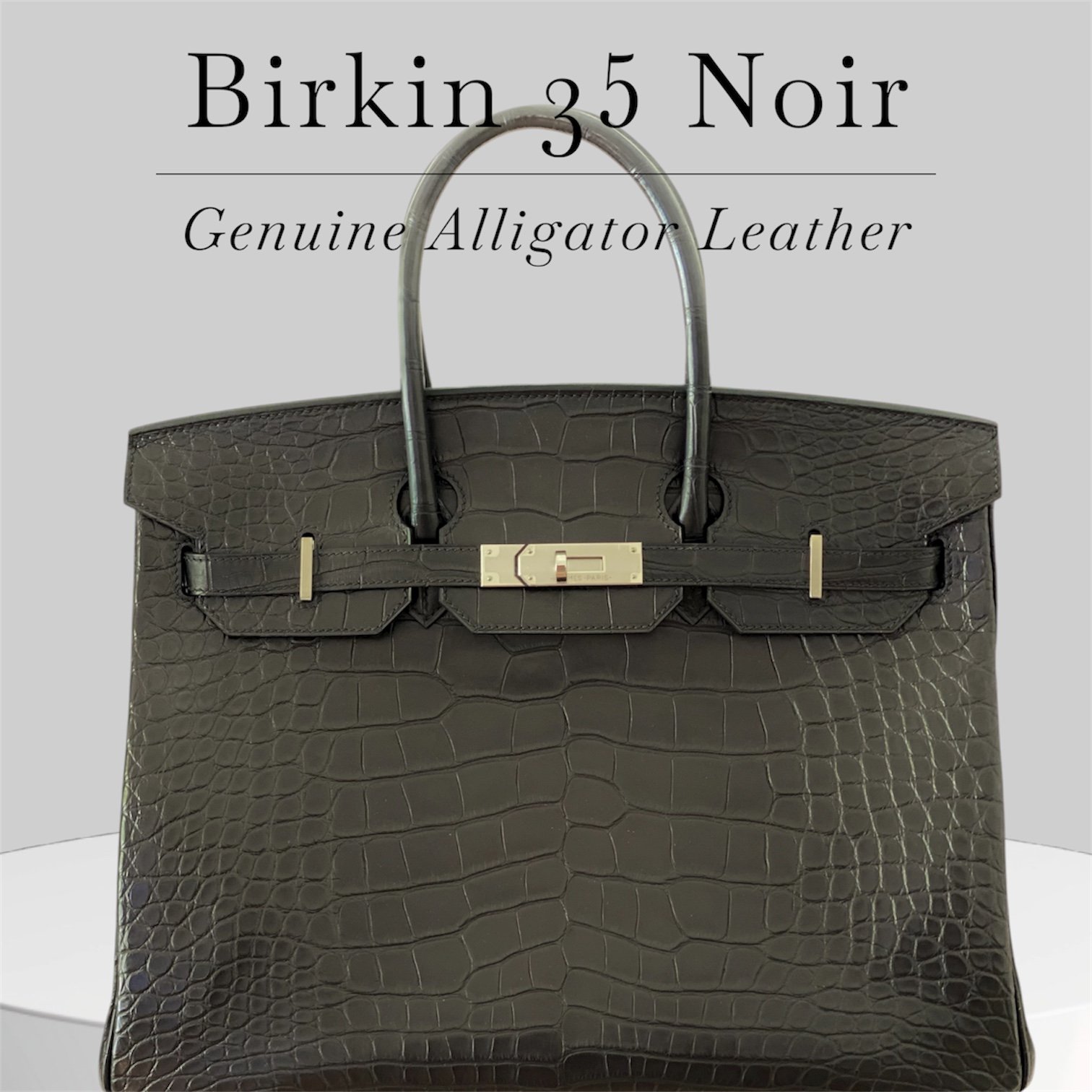 Birkin 35 in Noir. Genuine Matte Alligator skin with silver hardware