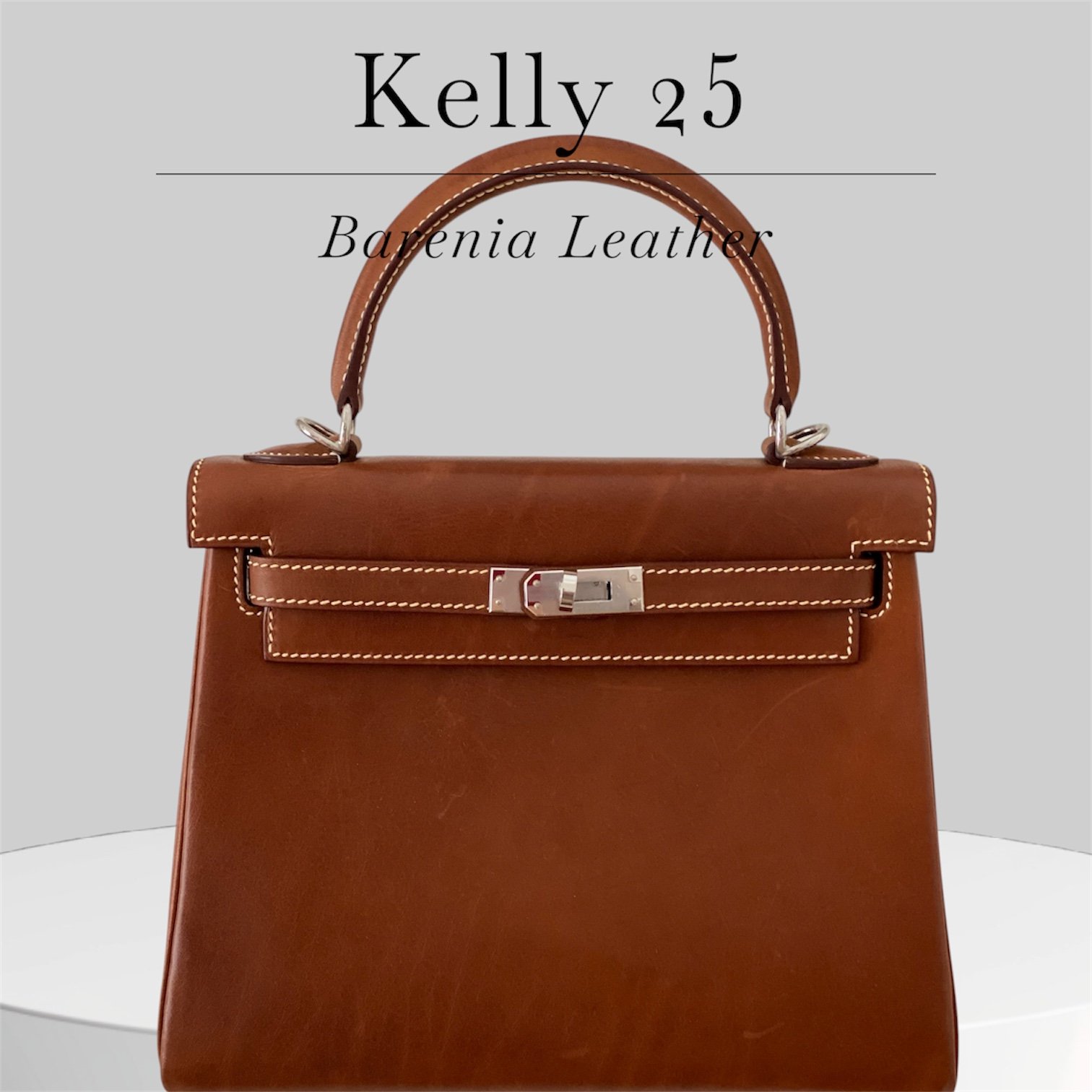 Kelly 25 in Fauve. Heritage Barenia leather, silver hardware and Strap.