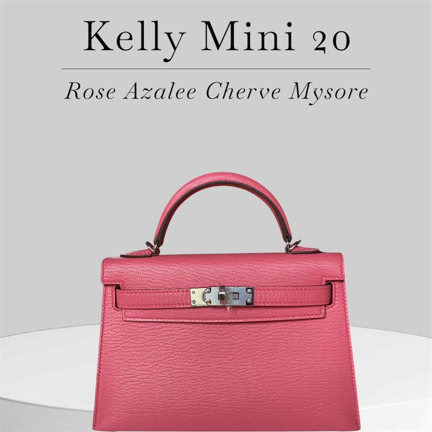 Kelly Mini 20 in Rose Azalee. Cherve Mysore leather, silver hardware and strap