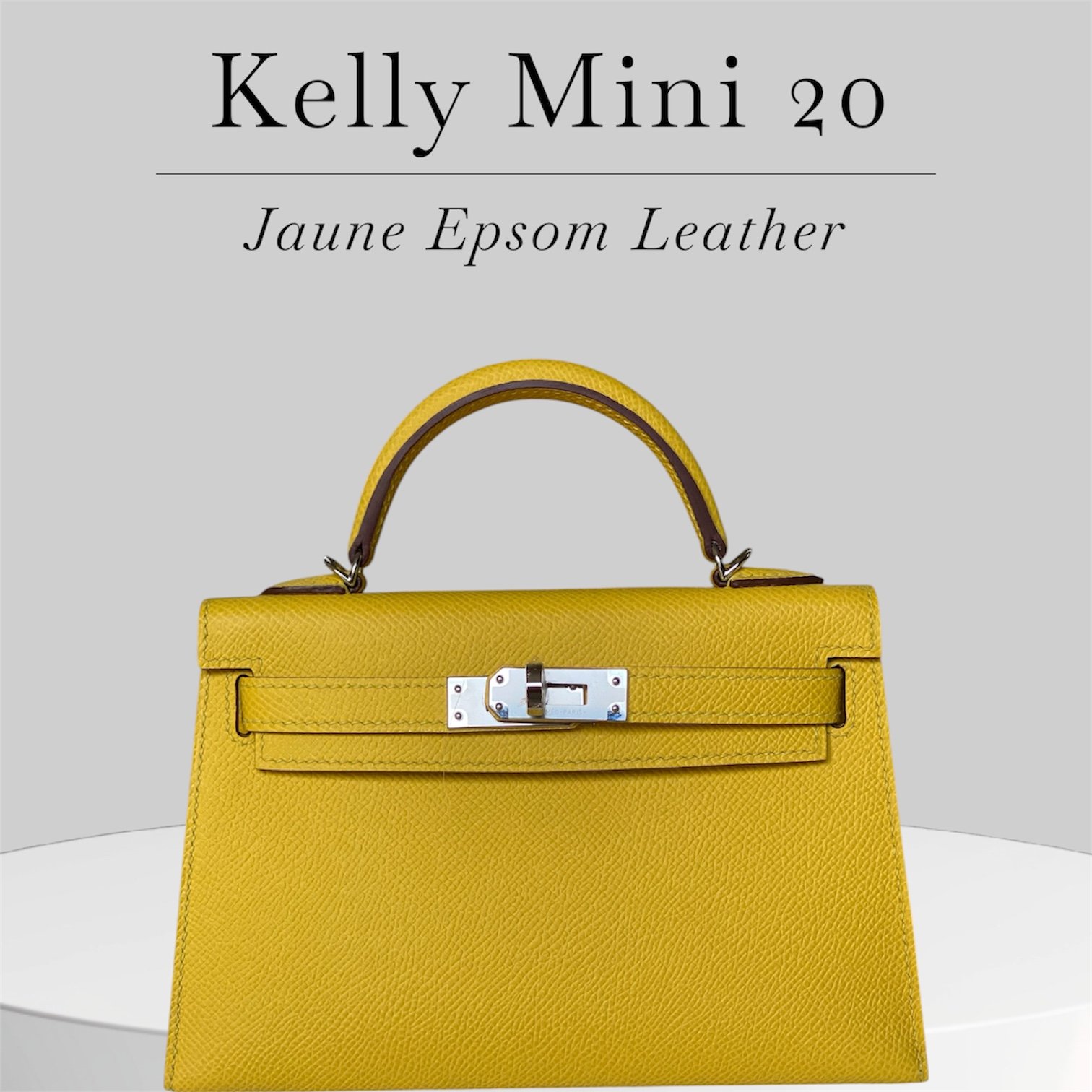 Kelly Mini 20 in Juane Yellow. Genuine Epsom leather, silver hardware and strap
