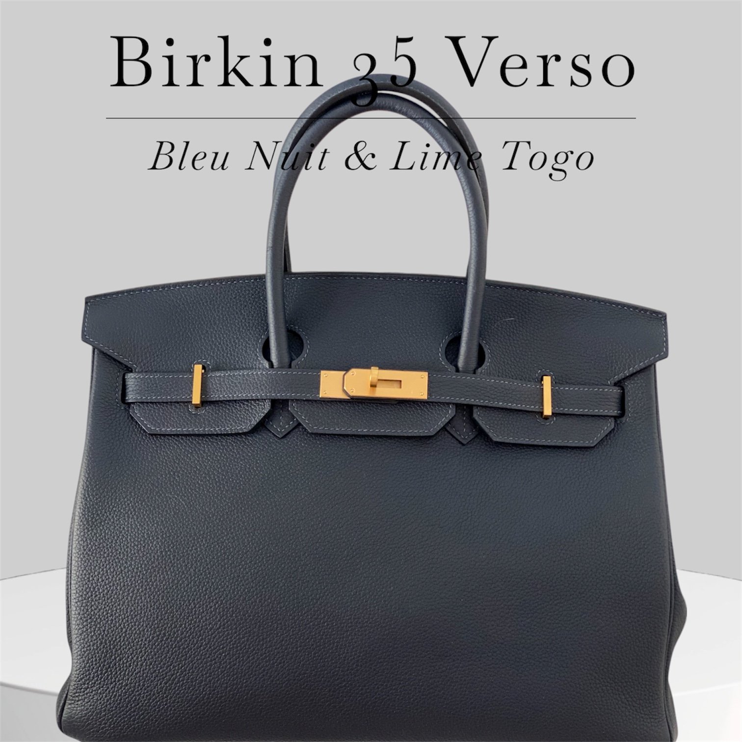 Birkin 35 Verso in Bleu Nuit and Lime interior Togo leather