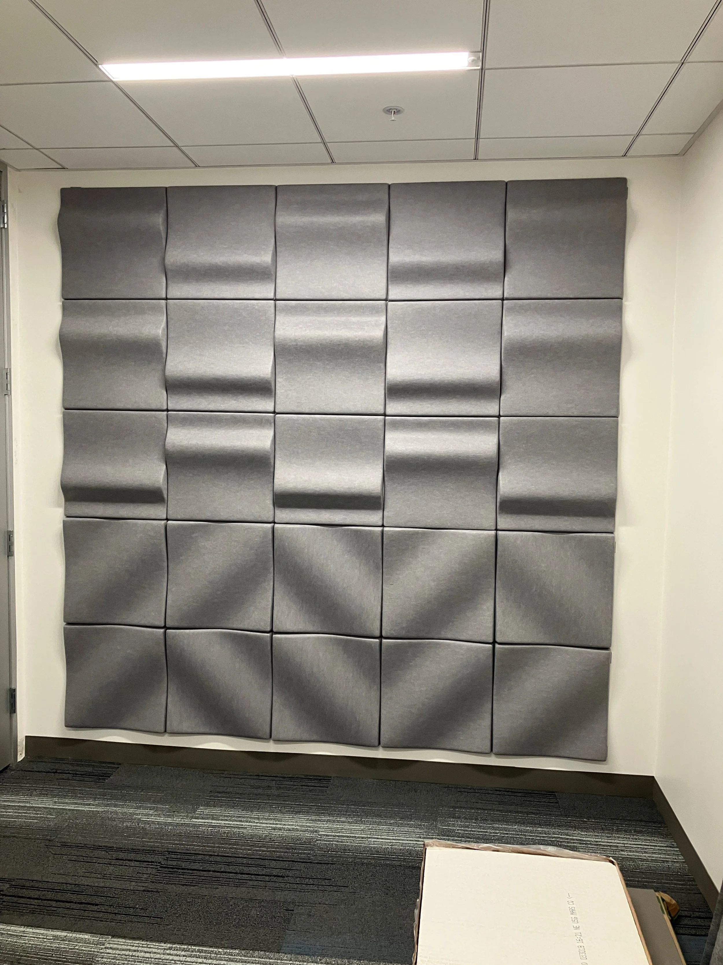 Three-dimensional acoustic wall panels creating sculptural texture and enhanced sound control