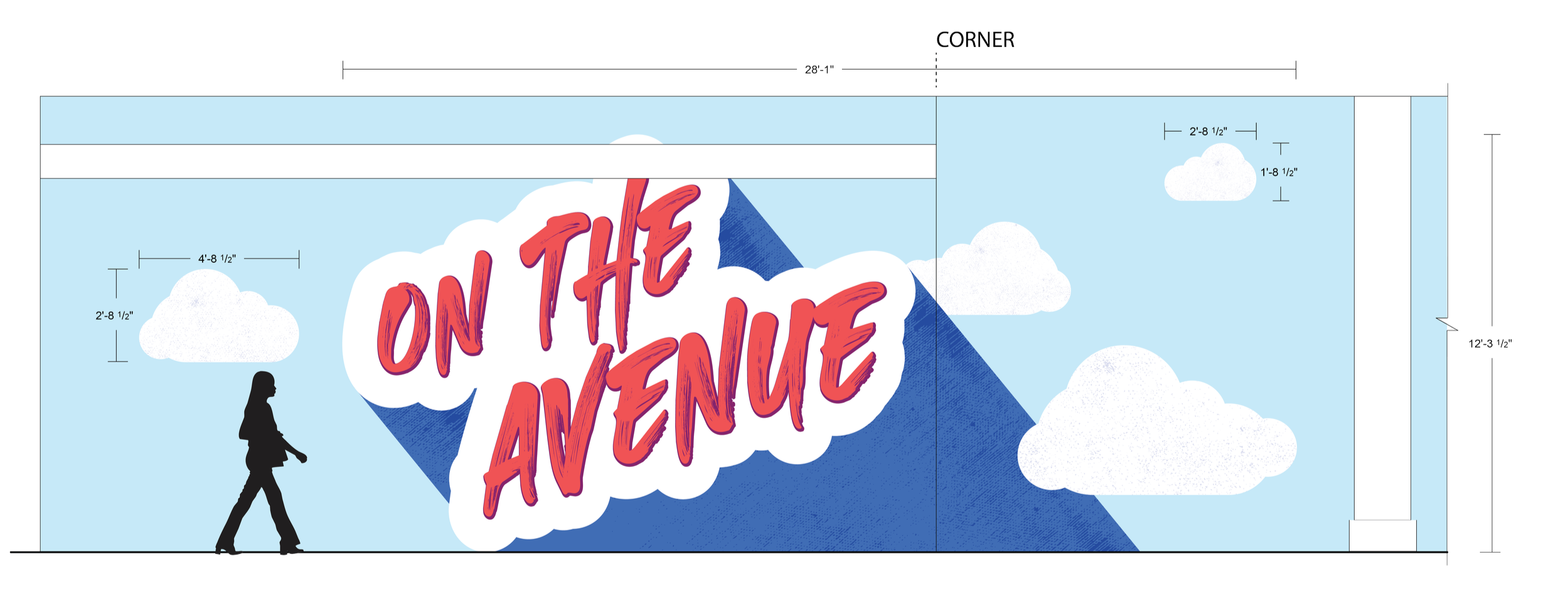 Design elevation for large-format wallcovering at eBay New York office featuring “On the Avenue” branded environmental graphic concept