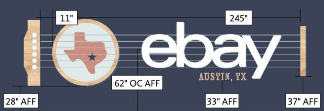 Design proof rendering for eBay Austin dimensional feature wall showing guitar-inspired layout with raised logo lettering, white oak elements, steel cable details, and installation dimensions.