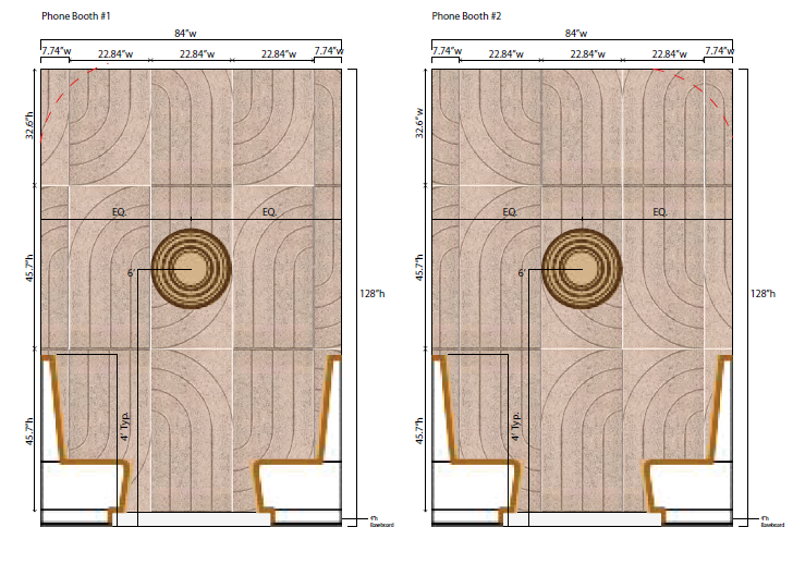 Detailed elevation plans for BAUX Wood Wool Curve acoustic panels showing installation layout and wall dimensions.