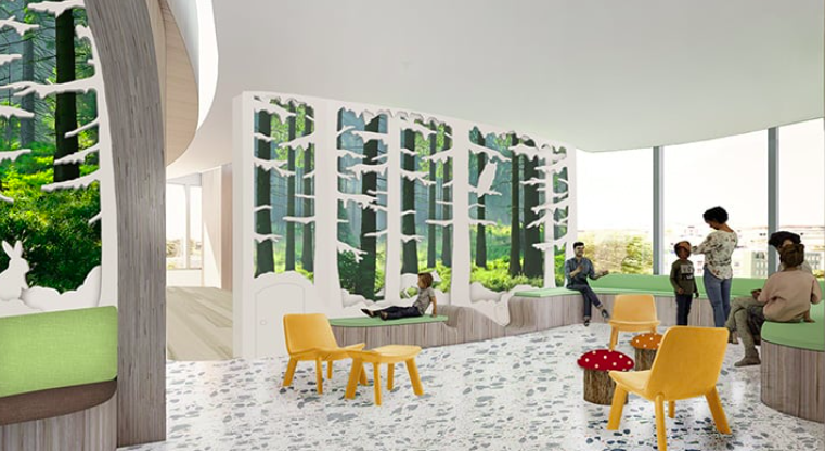 Production phase for UCSF Stad Center custom printed wallcovering and fabricated dimensional wood components prior to installation.