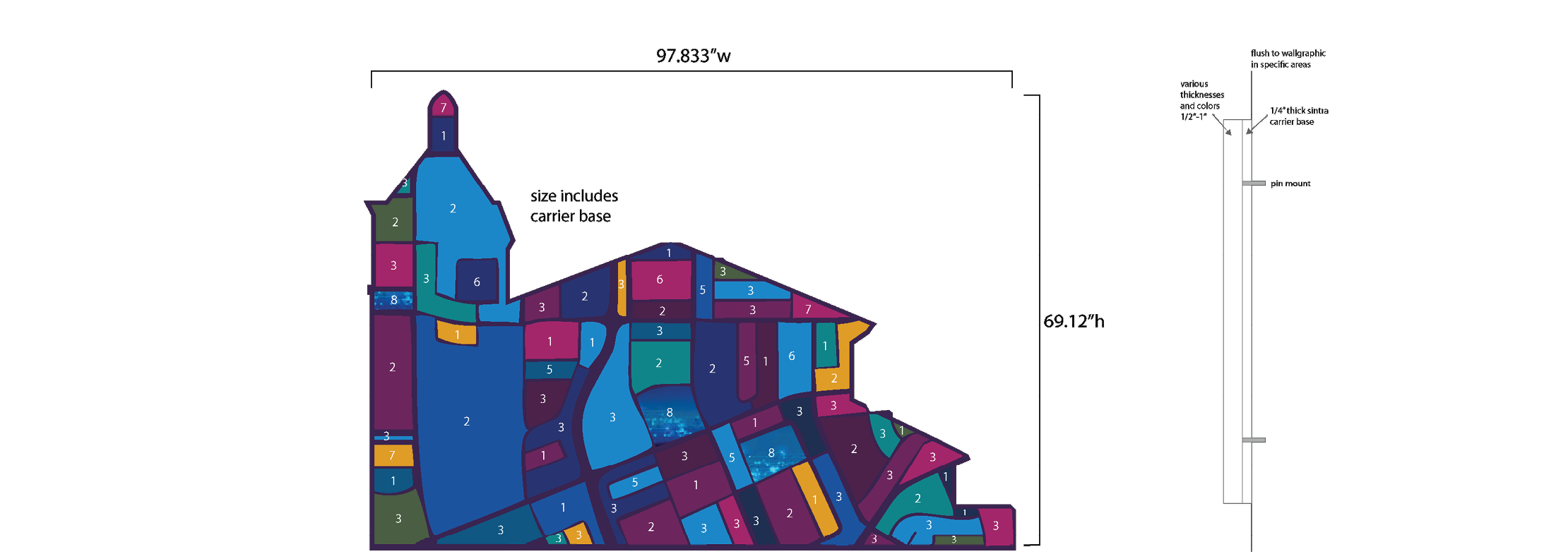 Fabrication elevation drawing of custom dimensional 3D environmental graphic element with measurements for installation at the KPMG San Jose office.