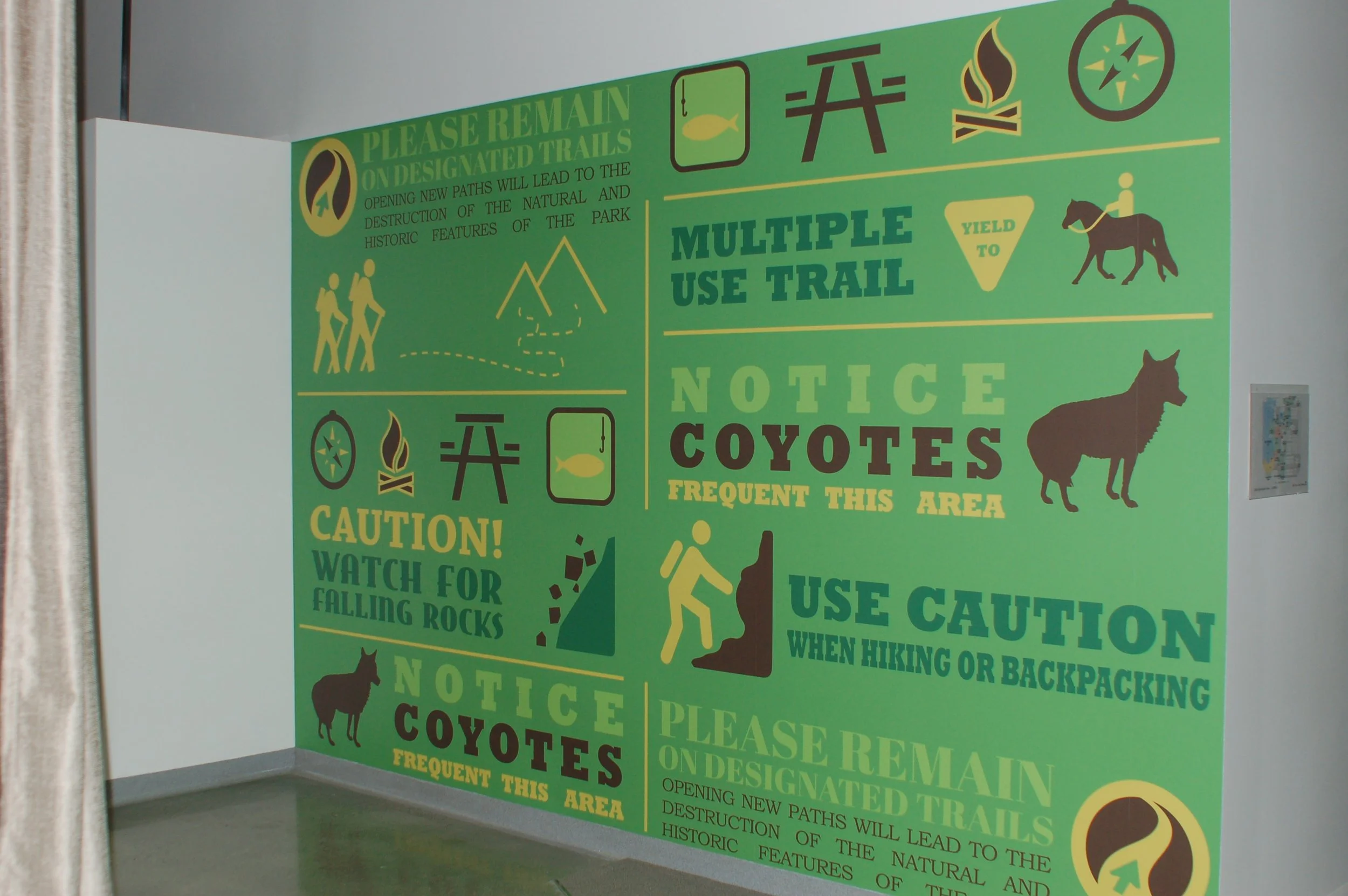 Custom illustrated mission and values wallcovering designed for corporate branding and storytelling.