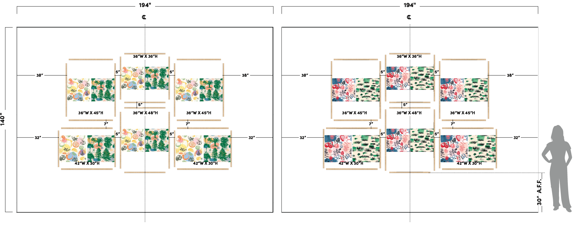 Elevation mockup showing amphitheatre wall layout with framed wallcovering panels, dimensions, spacing, and installation heights for coordinated environmental graphics display.