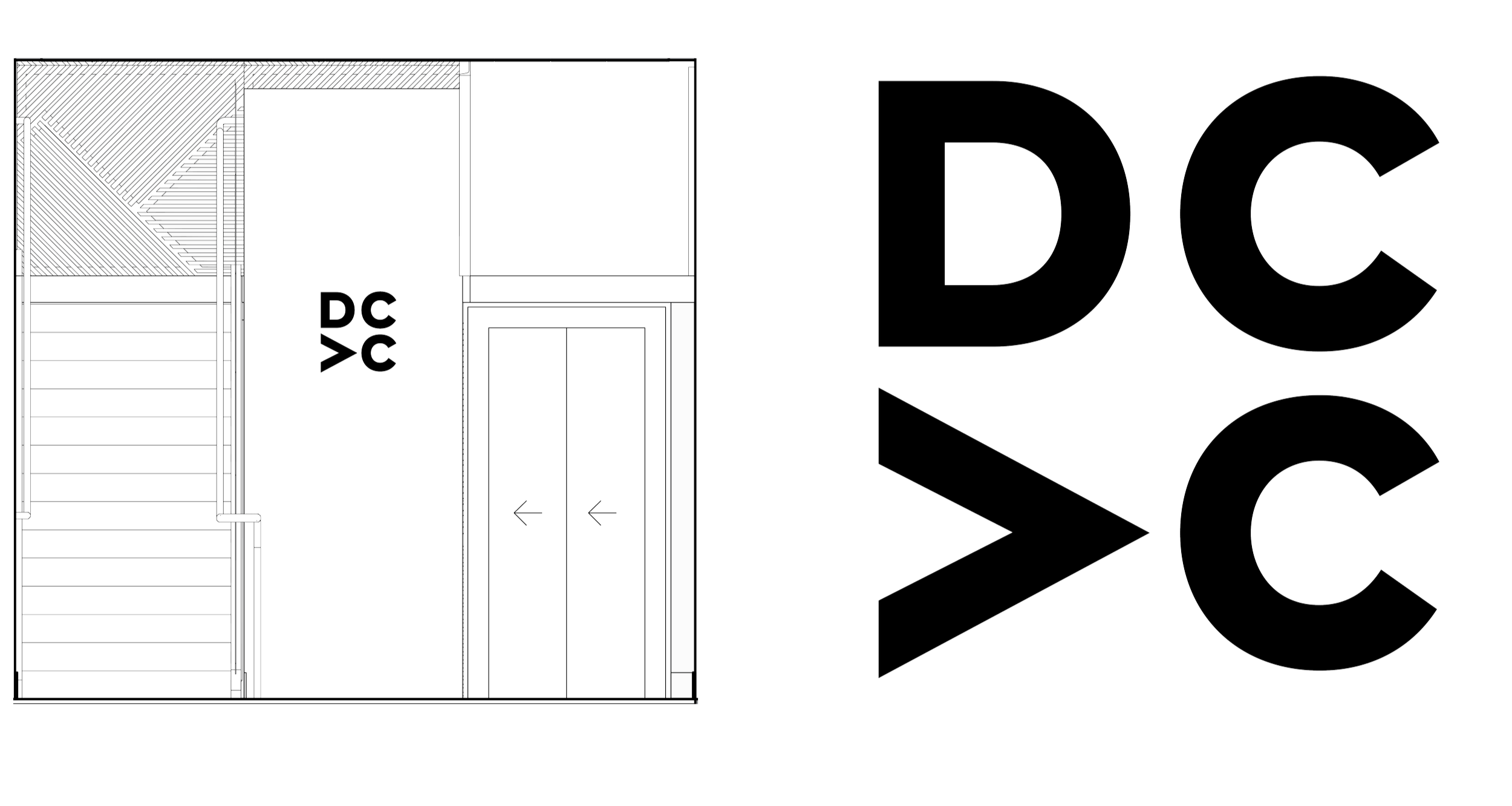 Bold DC dimensional logo graphic designed for corporate environmental branding and interior wayfinding system.