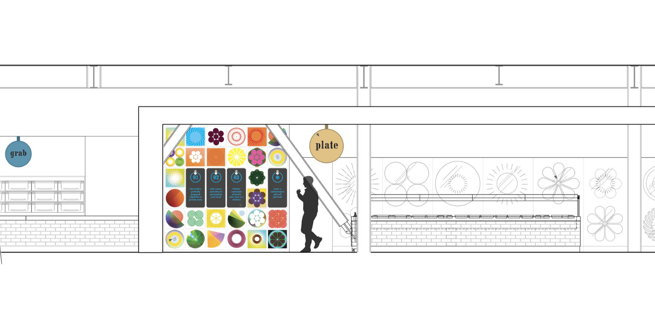 Interior elevation showing custom environmental graphics wallcovering layout and branded feature wall design for Humboldt commercial workspace