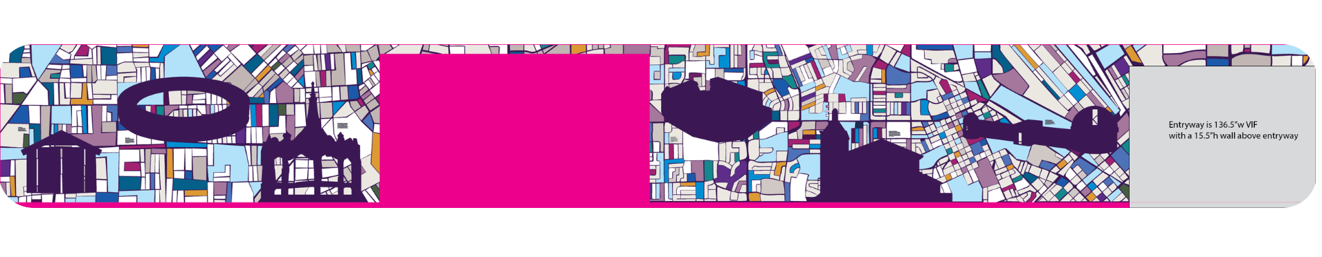 Custom environmental graphic design proof featuring branded architectural illustration for wallcovering installation at the KPMG San Jose office.