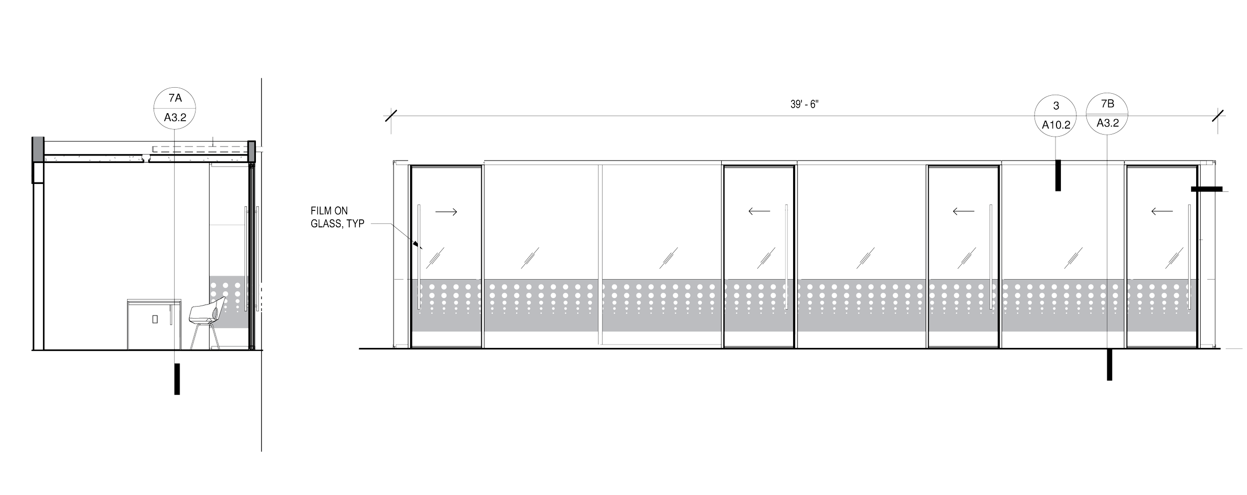 Technical elevation showing custom window film layout for glass wall privacy and corporate interior design.