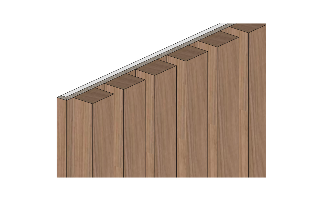 Angled detail mockup of wood slat acoustic wall panels showing panel depth, spacing, and layered construction for commercial interior applications.