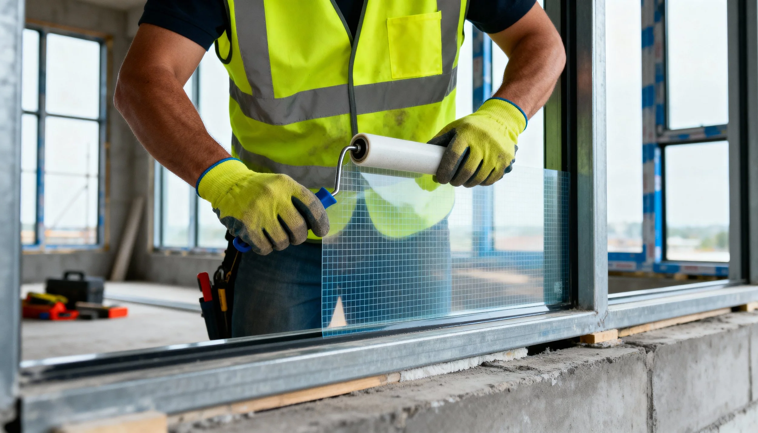 Installer applying commercial window film to office glass for privacy, solar control, and facility performance improvement