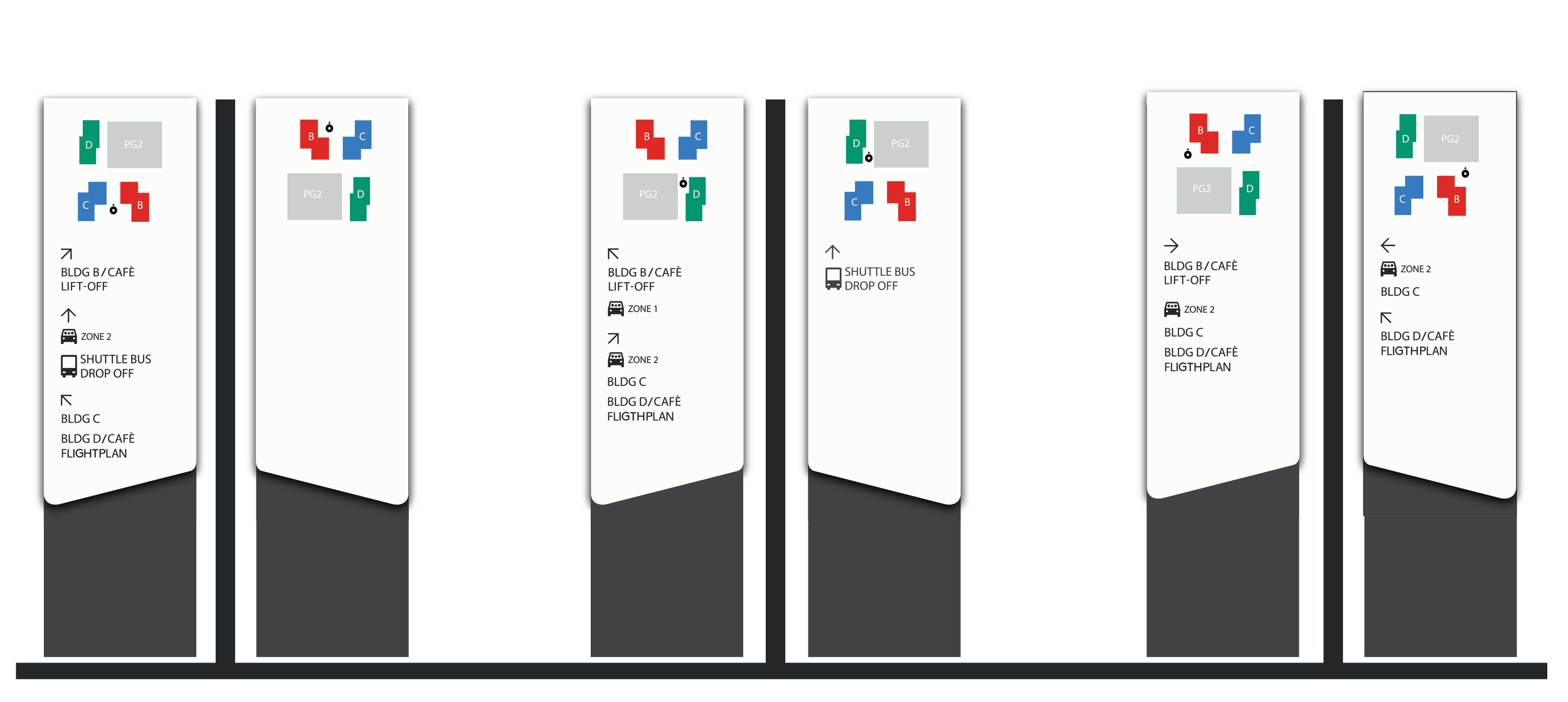 Custom campus wayfinding signage design showing directional information, zone identification, and building navigation for large commercial or corporate environments.