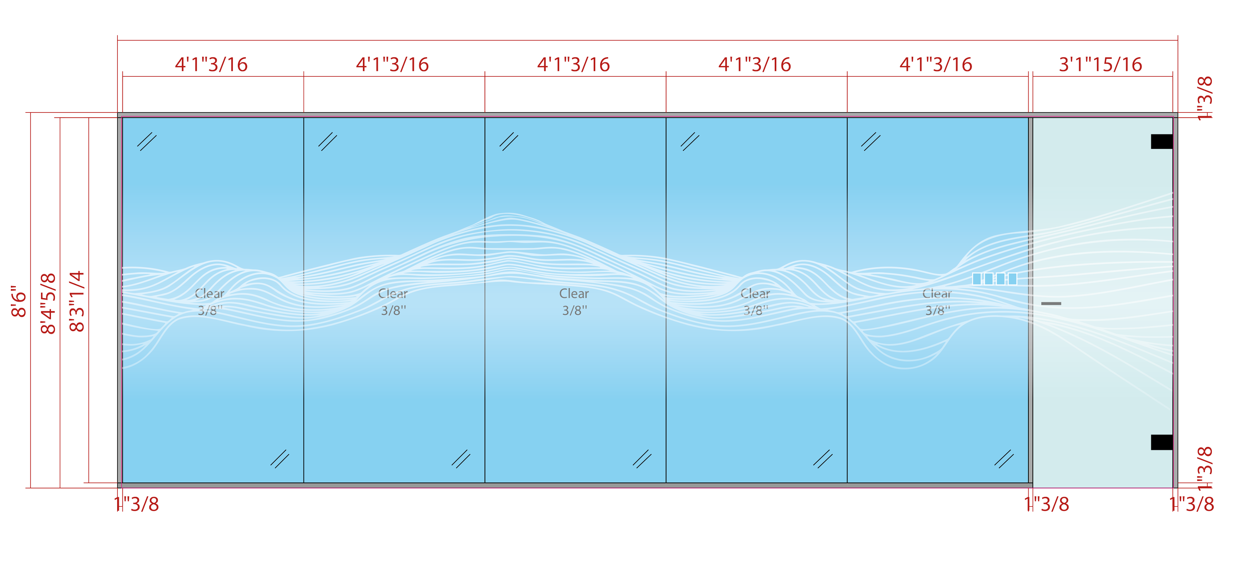 Elevation drawing of custom decorative window film with wave pattern applied across glass panels for KPMG office in Minneapolis, Minnesota.