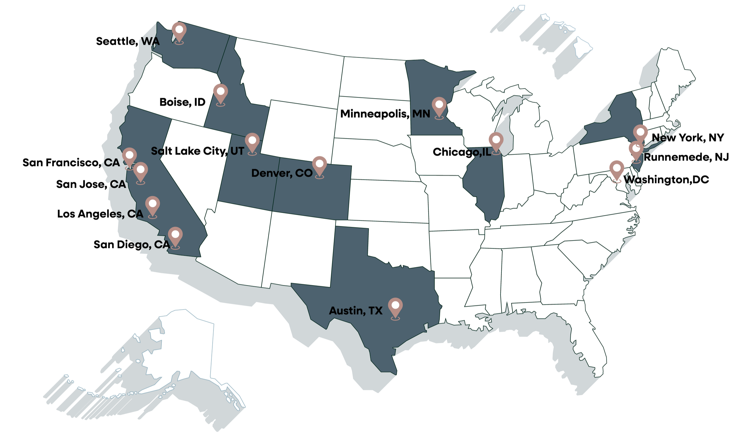 Map of the United States showing JP Digital project locations and service coverage, including San Francisco, San Jose, San Diego, Seattle, Salt Lake City, Denver, Austin, Chicago, Minneapolis, Washington DC, and New York.