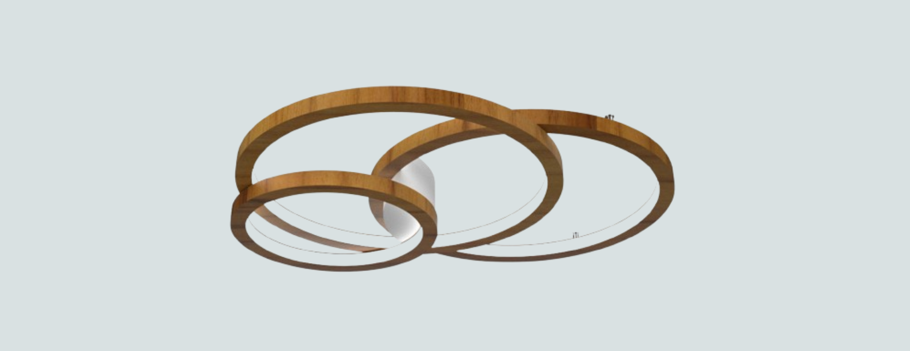 3D rendering of custom circular wood ceiling rings suspended at varying heights, designed as an architectural feature for a commercial interior environment.