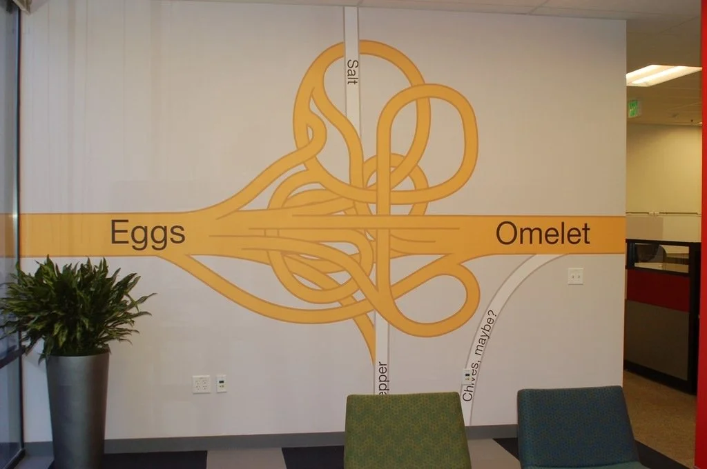 Custom graphic wallcovering featuring an abstract gold design installed in a commercial office lobby.