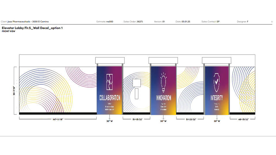 Second-phase elevator lobby wallcovering mockup showing updated environmental graphics layout and messaging across multiple elevator bays.