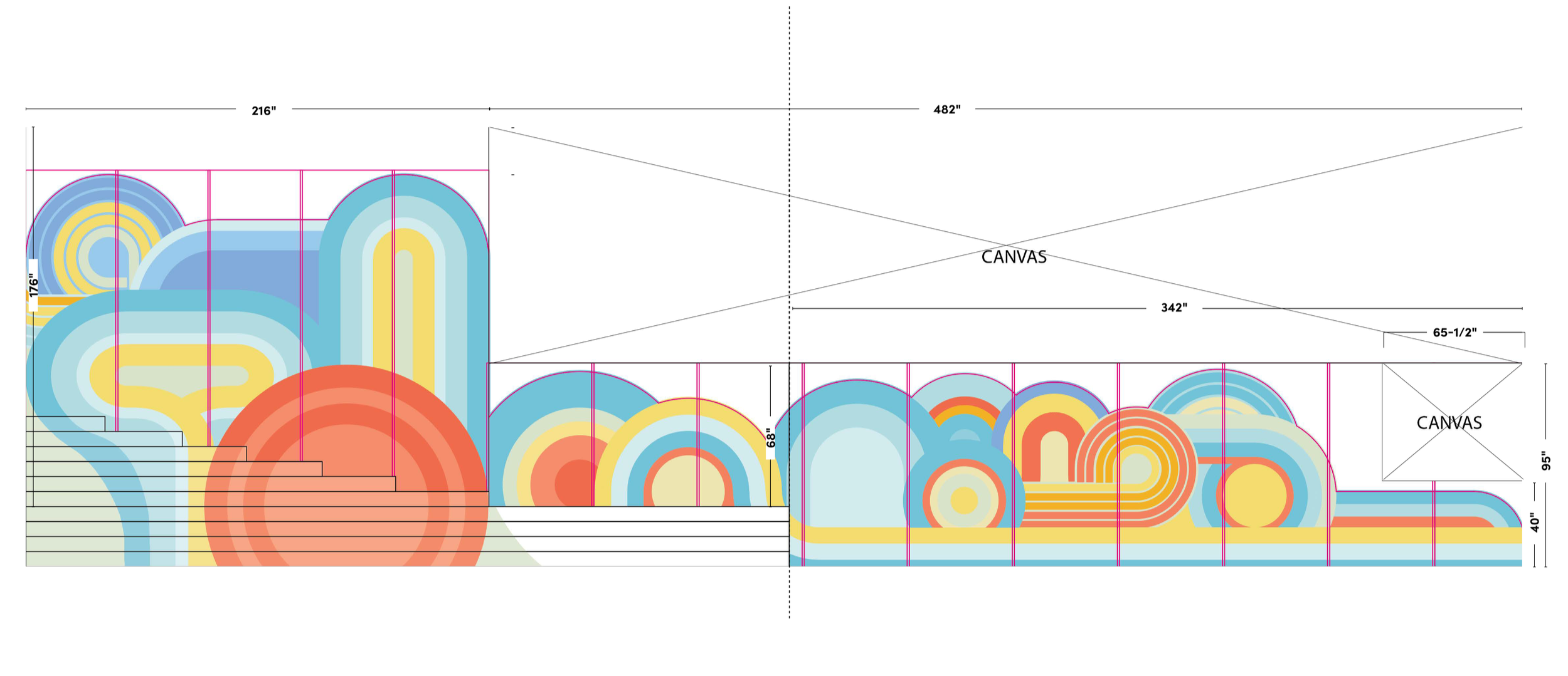 Wallcovering elevation drawing showing custom geometric mural layout with panel breaks, dimensions, and production specifications for large-scale commercial installation