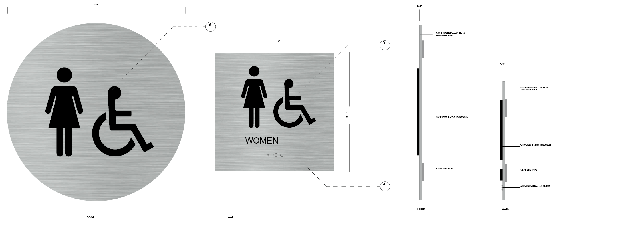 Brushed aluminum ADA women’s restroom sign with wheelchair accessibility symbol, Braille, and wall mounting detail for compliant interior signage.