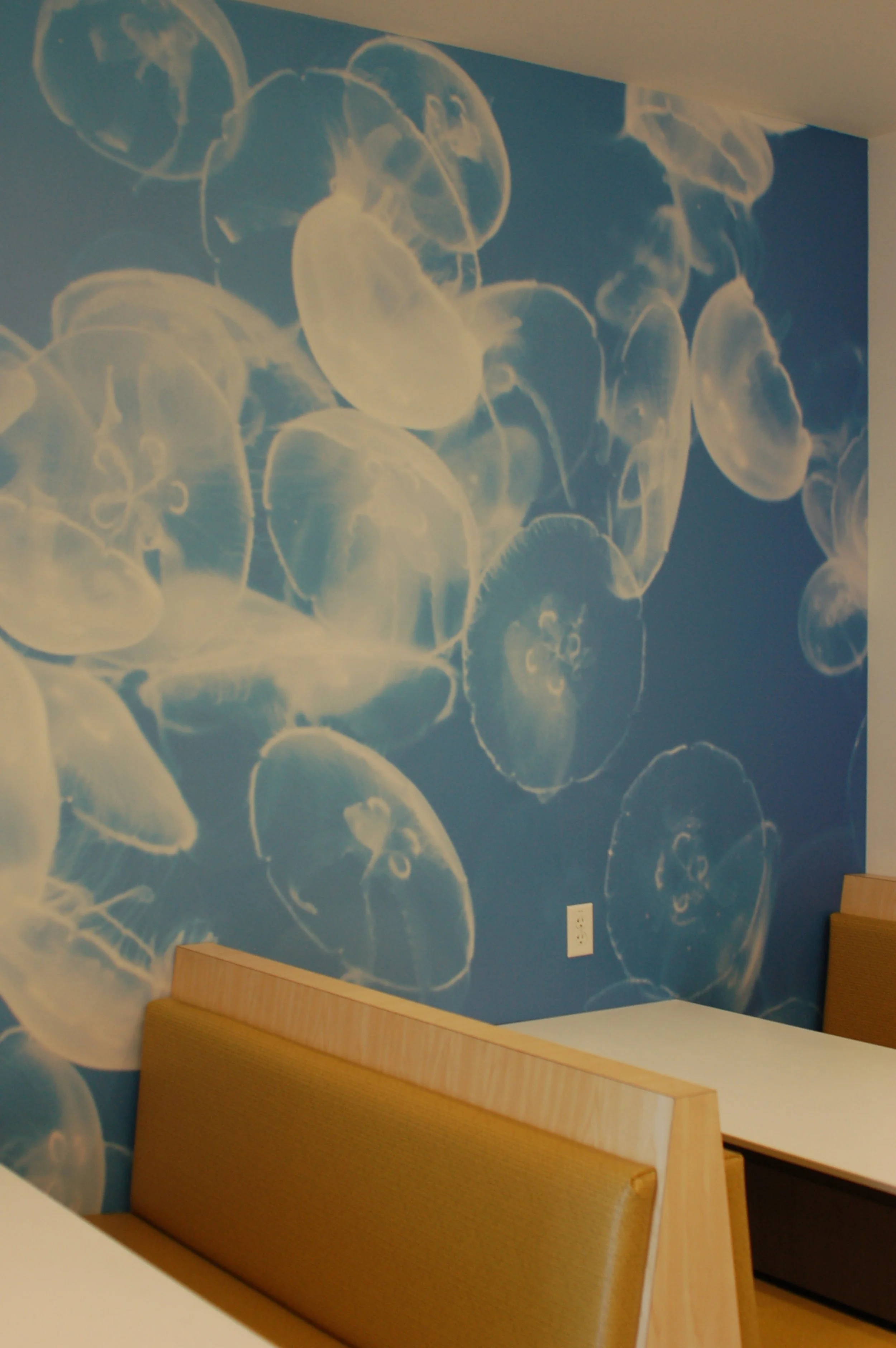 Underwater jellyfish mural wallcovering creating a calming atmosphere in a healthcare or wellness environment.